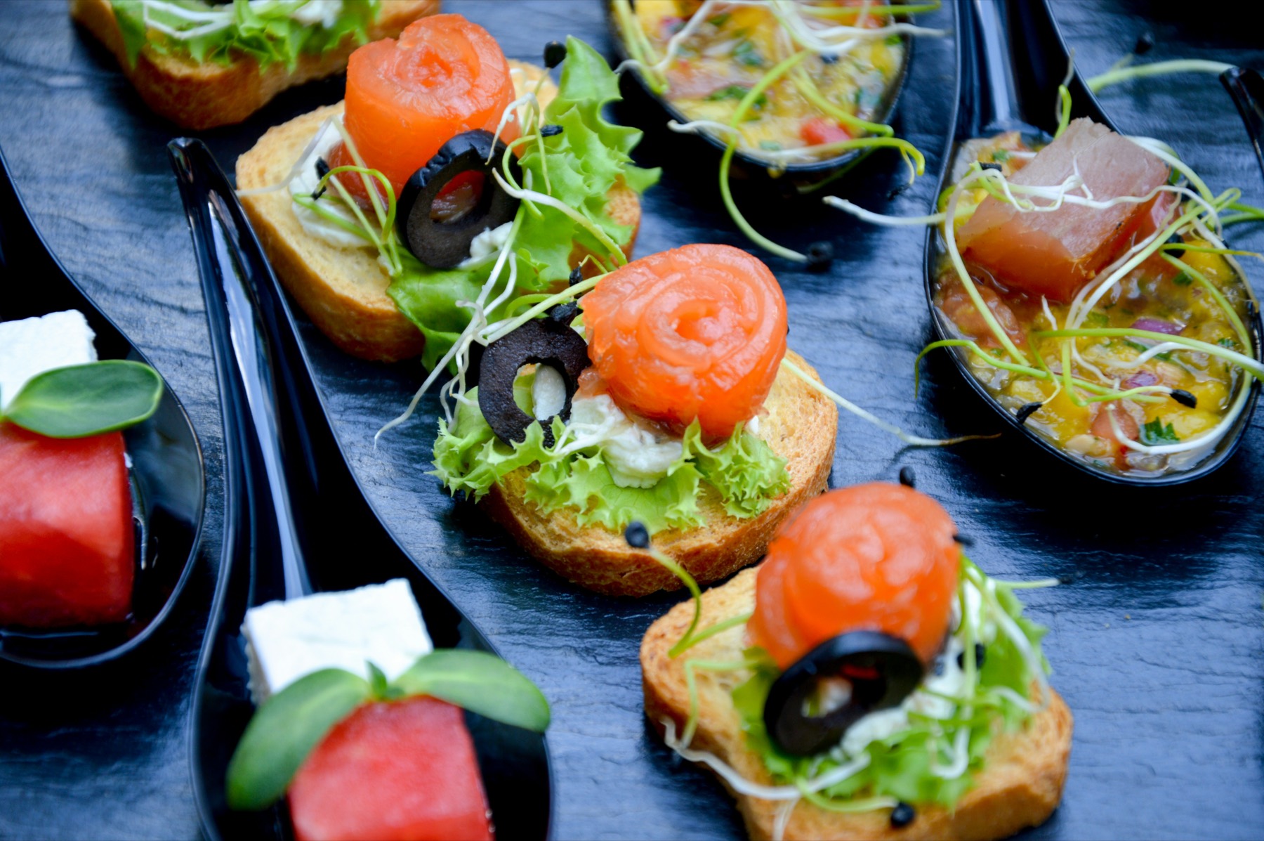 Salmon canapés for a cocktail reception